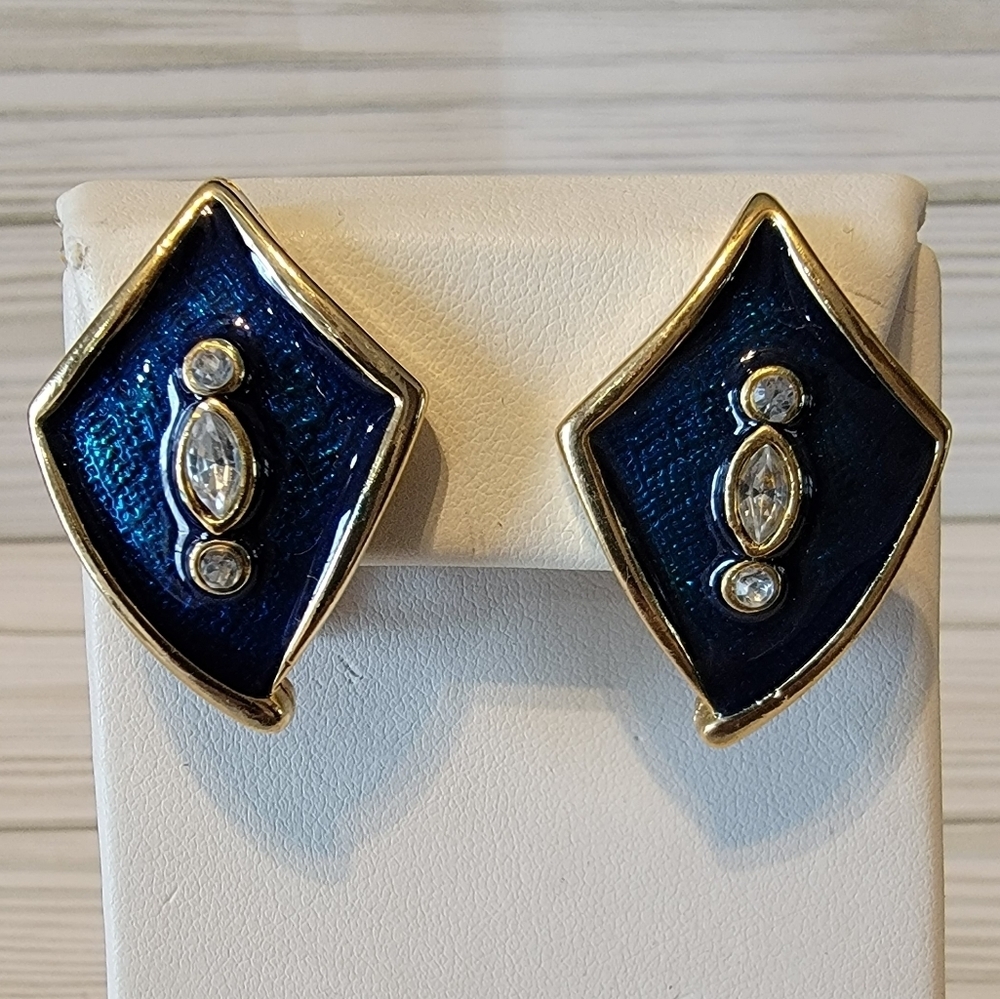 Vintage Cobalt Blue Enamel Rhinestone Gold Tone Statement Clip On Earrings
